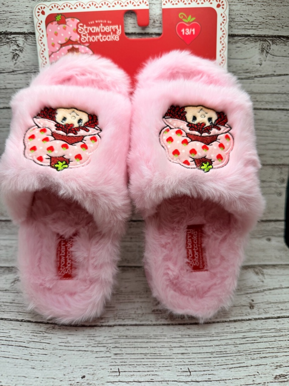 Pink Fuzzy Kids Slippers Strawberry Shortcake